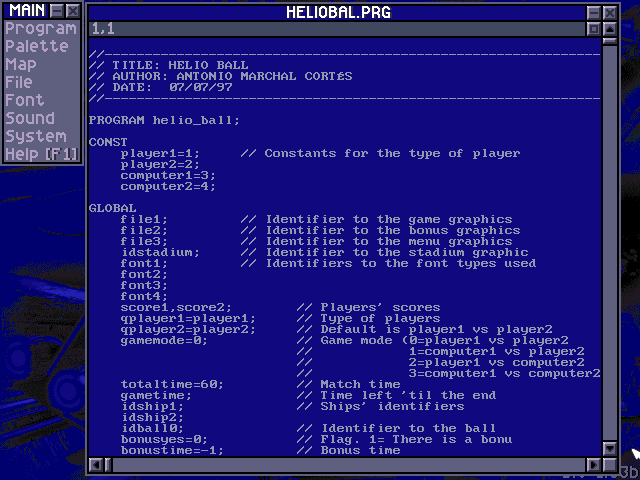 DIV Games Studio, code and its menus in one blue window