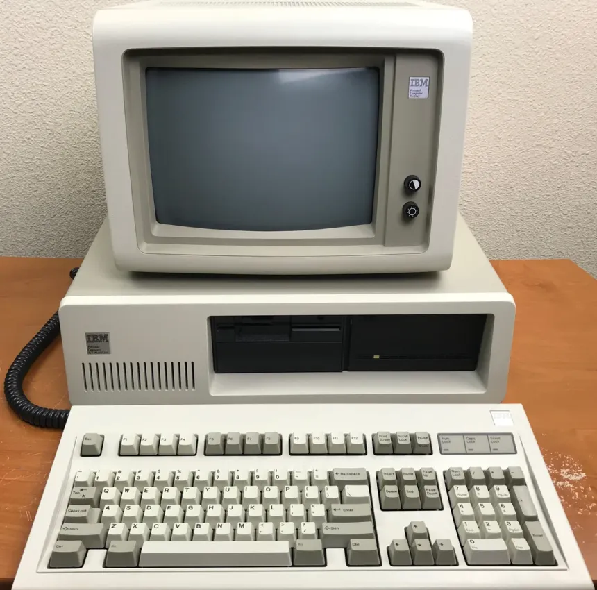 an IBM PC XT with a chunky CRT monitor